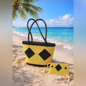Yellow and Black Beaded Tote with Matching Pouch